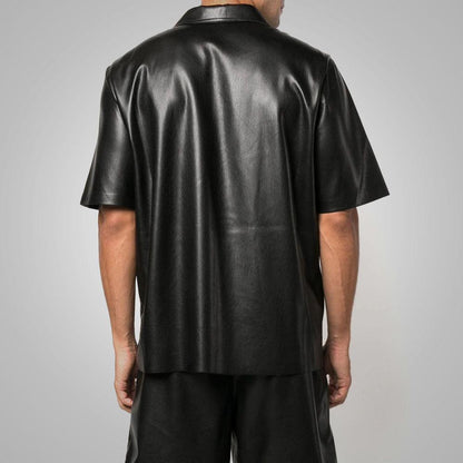 Men's Fine Grain Half Sleeves Black Leather Shirt - Leather Loom