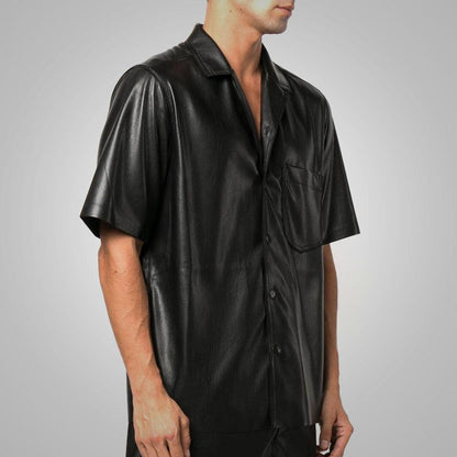 Men's Fine Grain Half Sleeves Black Leather Shirt - Leather Loom