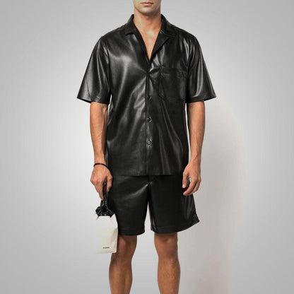 Men's Fine Grain Half Sleeves Black Leather Shirt - Leather Loom