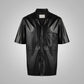 Men's Fine Grain Half Sleeves Black Leather Shirt - Leather Loom