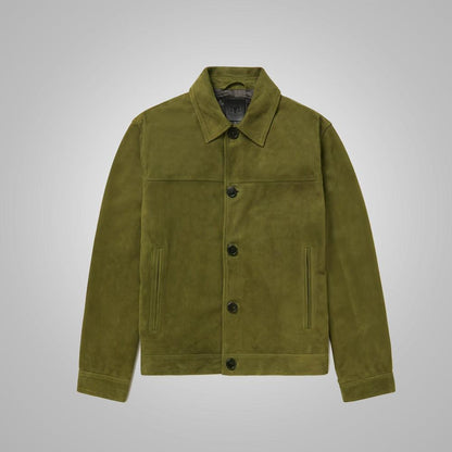 Men's Green Suede Leather Trucker Jacket - Leather Loom