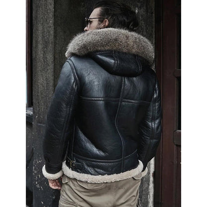 Men's Hooded RAF Aviator B3 Sheepskin Black Shearling Jacket - Leather Loom