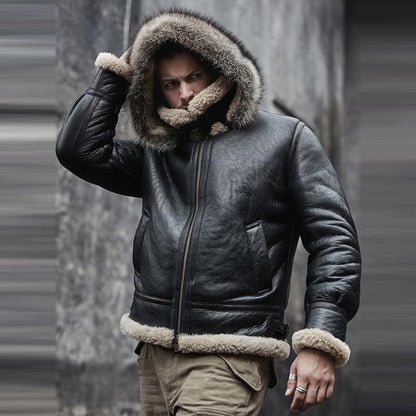 Men's Hooded RAF Aviator B3 Sheepskin Black Shearling Jacket - Leather Loom