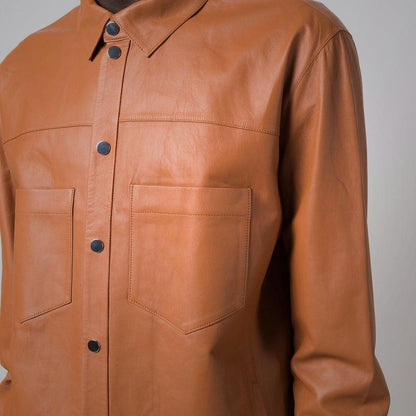 Men's Snap Button Closure Brown Leather Shirt - Leather Loom