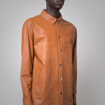 Men's Snap Button Closure Brown Leather Shirt - Leather Loom