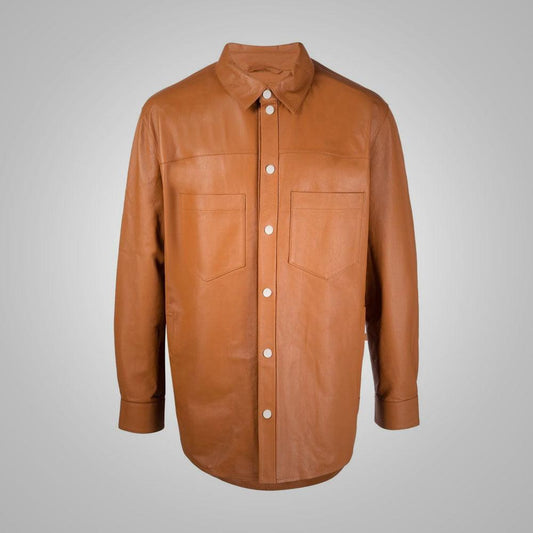 Men's Snap Button Closure Brown Leather Shirt - Leather Loom