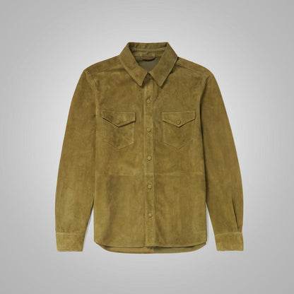 Men's Suede Green Full Sleeves Leather Shirt - Leather Loom