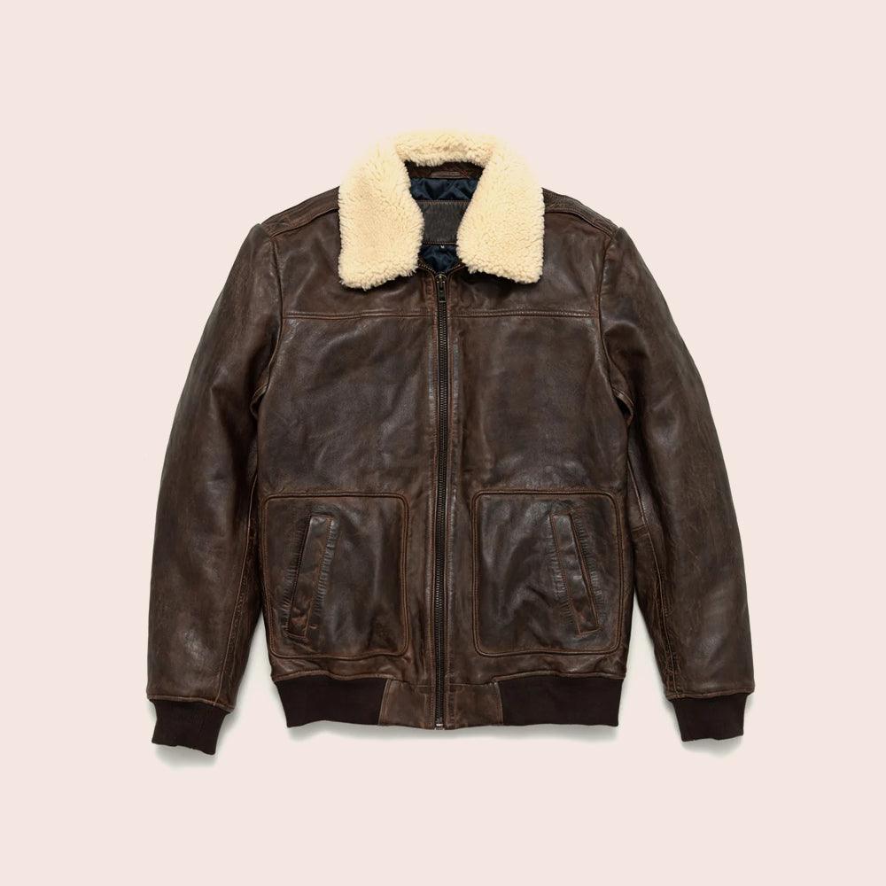 Men's Vintage Lambskin A2 Brown Leather Shearling Bomber Jacket - Leather Loom