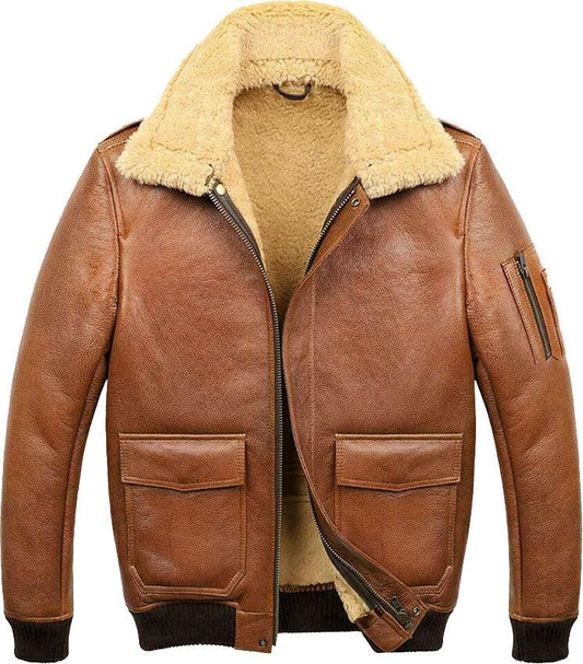 Men’s Aviator Camel Brown A2 Fur Shearling Leather Bomber Jacket - Leather Loom