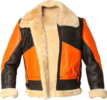 Mens Brown Real Bomber Leather Jacket With Fur - Leather Loom