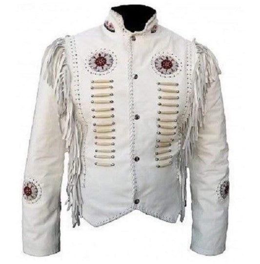 Men's Cowboy Leather Jacket Western Coat Fringes Beads White Jacket - Leather Loom