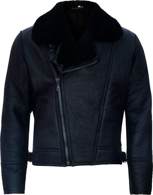 Mens Cross Zip Black Leather Jacket With Fur - Leather Loom