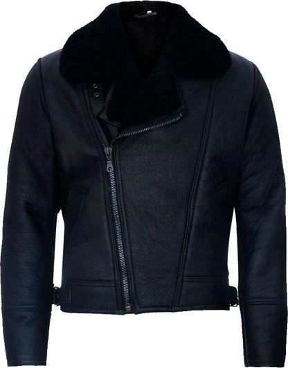 Men's Cross Zip Black Leather Jacket with Fur