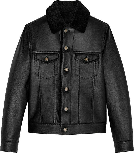 Mens Denim Style Genuine Leather Jacket With Fur - Leather Loom