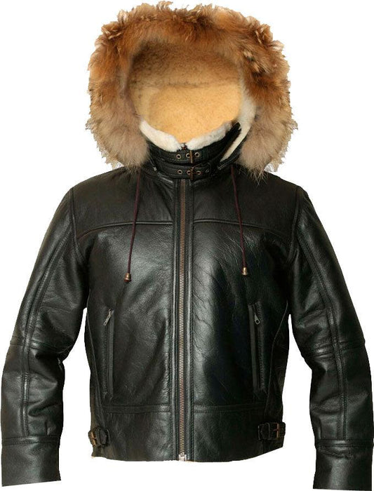 Mens Hooded Flight Bomber Leather Jacket With Fur - Leather Loom