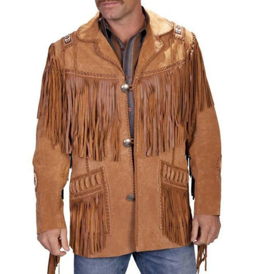 Men's New Tan Brown Western Suede Cow Leather Jacket Fringes, Cowboy Jacket - Leather Loom