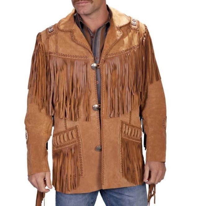Men's New Tan Brown Western Suede Cow Leather Jacket Fringes, Cowboy Jacket - Leather Loom
