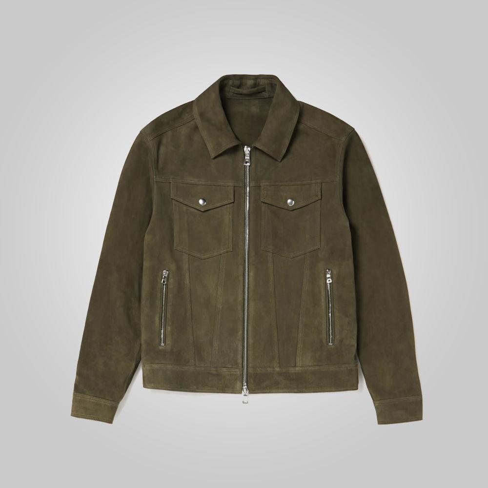 Mens Army Green Suede Leather Trucker Jacket - Leather Loom