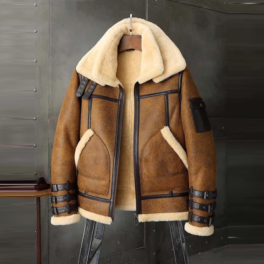 Mens B3 RAF Aviator Brown Double Collar Flight Shearling Leather Jacket Coat - Leather Loom