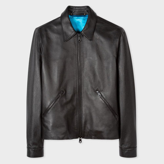 Mens Black Down Collar Sheepskin Leather Jacket - Leather Loom