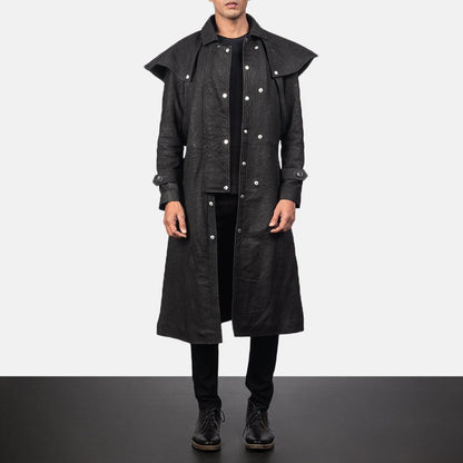 Mens Premium Sheepskin Leather Studded Black Leather Duster Coat - Leather Loom