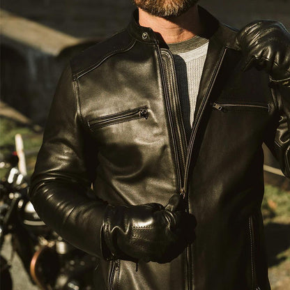 Mens Black Lambskin Leather Moto Riding Jacket - Leather Loom