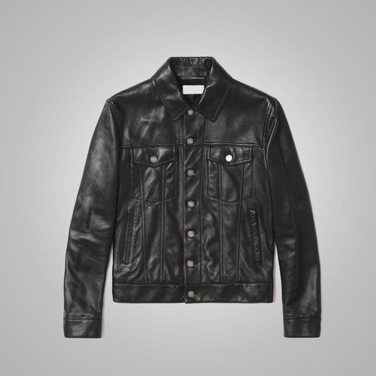 Mens Black Sheepskin Leather Trucker Jacket - Leather Loom