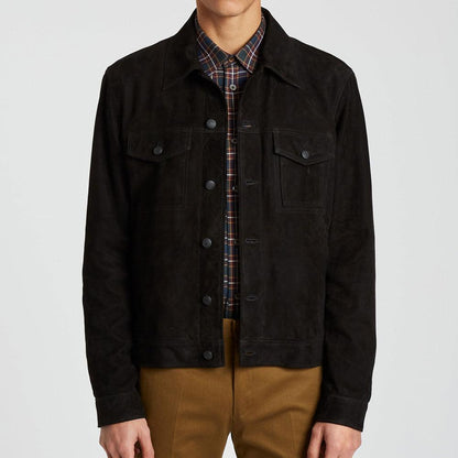 Mens Black Suede Leather Trucker Styled Jacket - Leather Loom