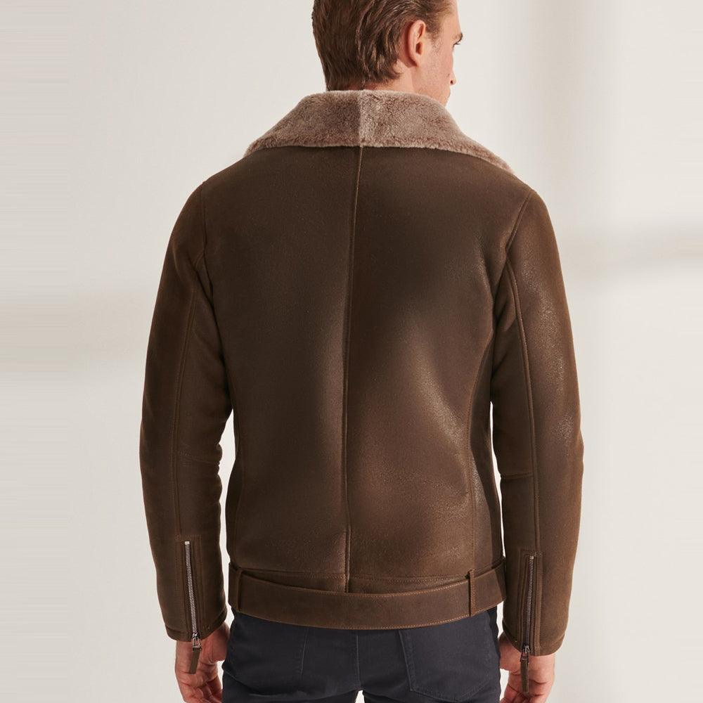 Brown Biker Shearling Aviator Sheepskin Leather Jacket For Men - Leather Loom