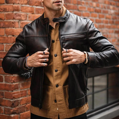 Mens Brown Cafe Racer Goatskin Leather Motorbike Jacket - Leather Loom