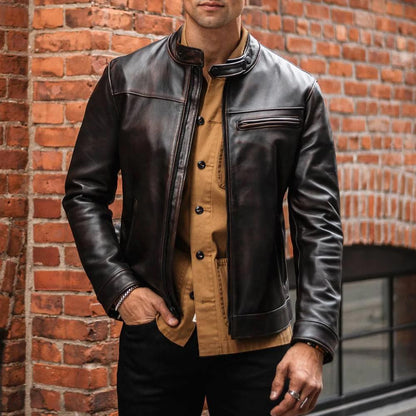 Mens Brown Cafe Racer Goatskin Leather Motorbike Jacket - Leather Loom