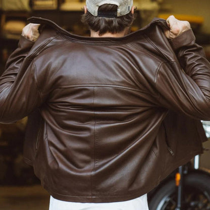 Mens Brown Cafe Racer Lambskin Leather Motorcycle Jacket - Leather Loom