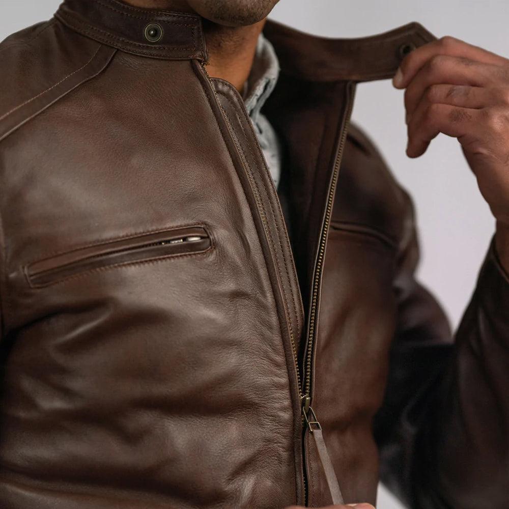Mens Brown Cafe Racer Lambskin Leather Motorcycle Jacket - Leather Loom
