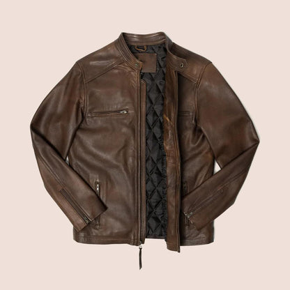 Mens Brown Cafe Racer Lambskin Leather Motorcycle Jacket - Leather Loom