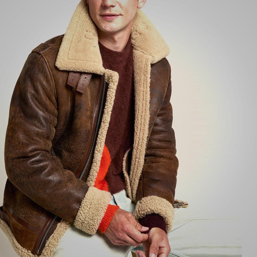 Mens Brown Distressed Leather Shearling Jacket - Leather Loom