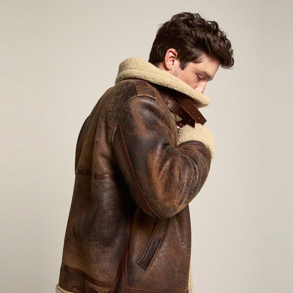 Mens Brown Distressed Leather Shearling Jacket - Leather Loom
