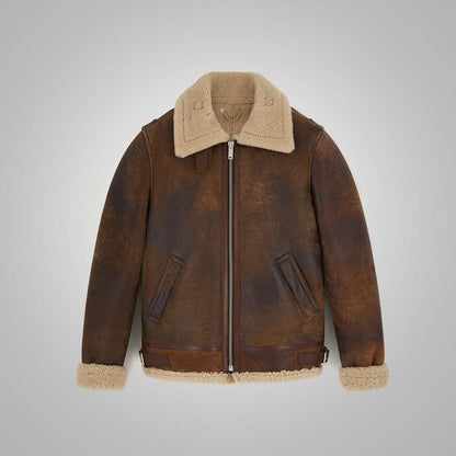 Mens Brown Distressed Leather Shearling Jacket - Leather Loom