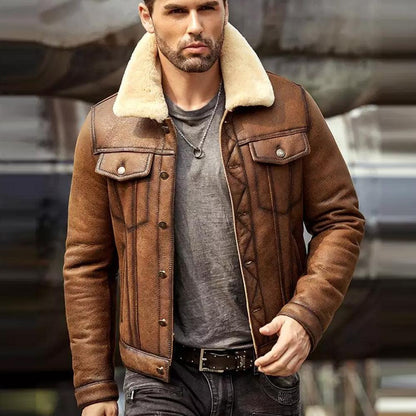 Mens Brown RAF B3 Sheepskin Trucker Shearling Leather Jacket - Leather Loom