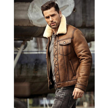 Mens Brown RAF B3 Sheepskin Trucker Shearling Leather Jacket - Leather Loom