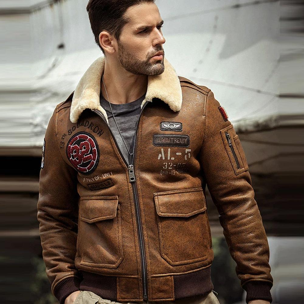 Mens B3 Airforce Brown Embroidered Shearling Leather Bomber Jacket - Leather Loom