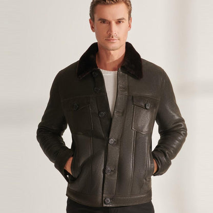 Men’s Sheepskin Brown Shearling Leather Trucker Aviator Jacket