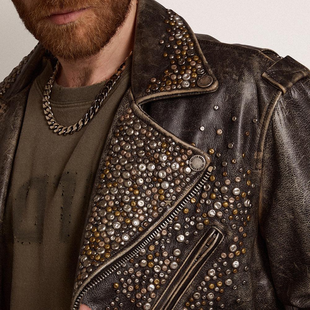 Mens Brown Studded Distressed Leather Jacket - Leather Loom
