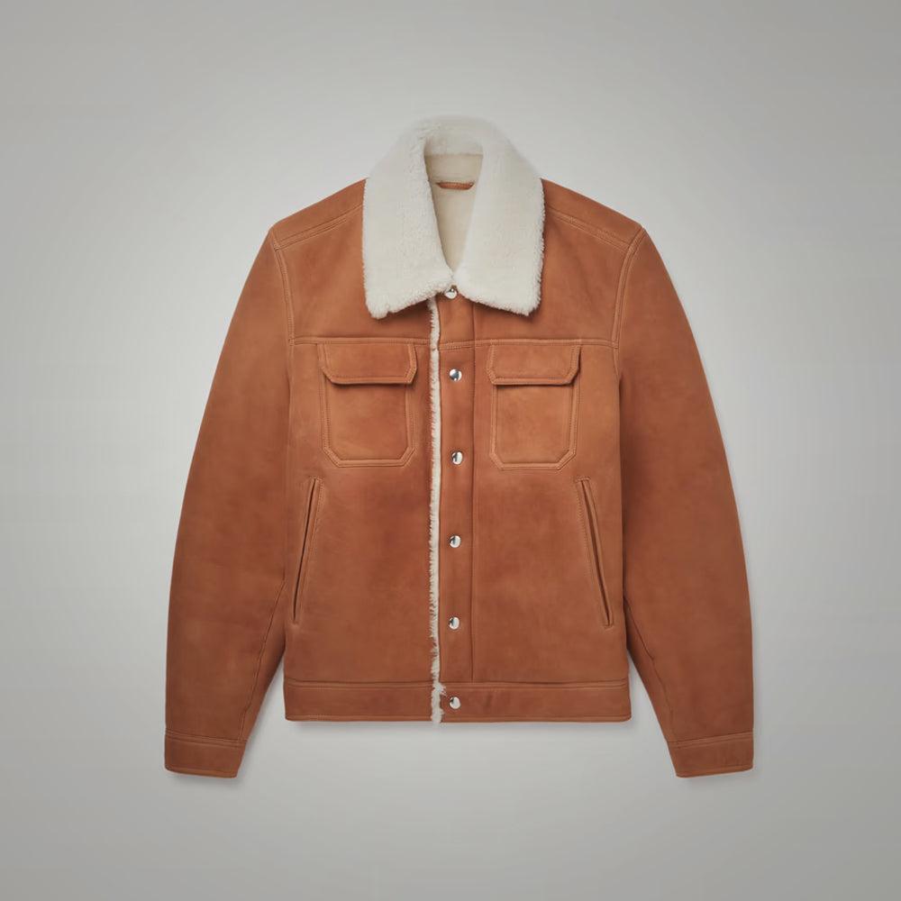Mens Brown Suede Leather Shearling Trucker Jacket - Leather Loom