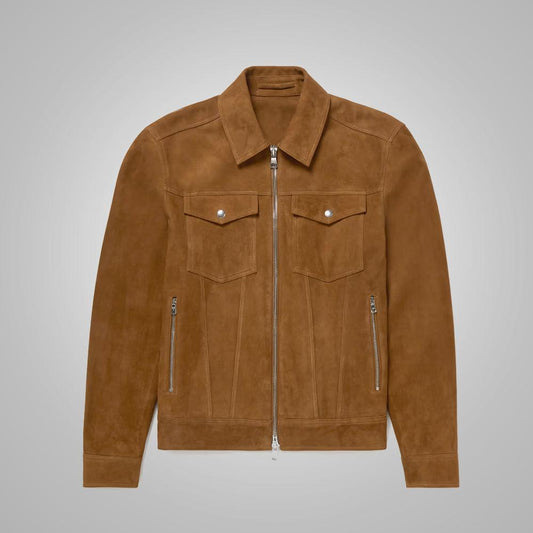 Mens Brown Suede Leather Trucker Jacket - Leather Loom