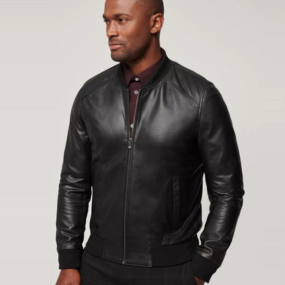 Men's Classic Black Lambskin Bomber Jacket.