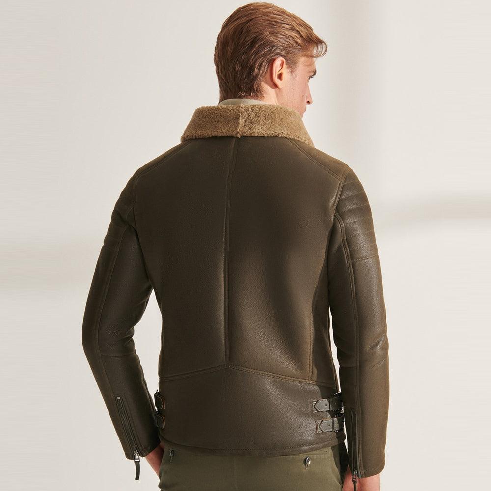 Green RAF Airforce Shearling Sheepskin Aviator Leather Jacket For Men - Leather Loom