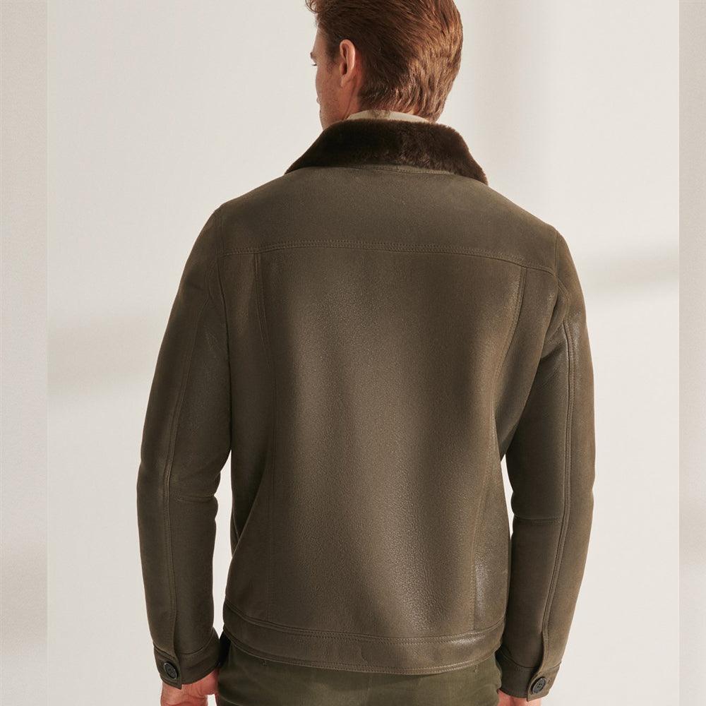 Green Sheepskin Shearling Aviator Trucker Leather Jacket For Men - Leather Loom