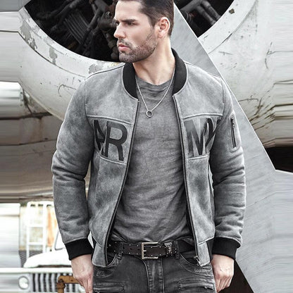 Mens Grey Sheepskin Army Shearling Bomber Jacket - Leather Loom