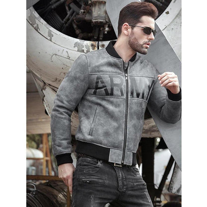 Mens Grey Sheepskin Army Shearling Bomber Jacket - Leather Loom