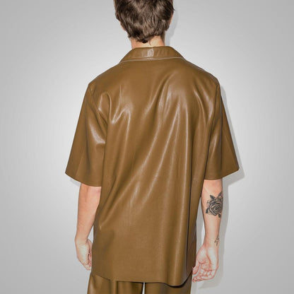 Mens Half Sleeves Khaki Leather Shirt - Leather Loom